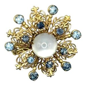 Gold Tone Filigree and Blue Crystals and faux pearl Brooch